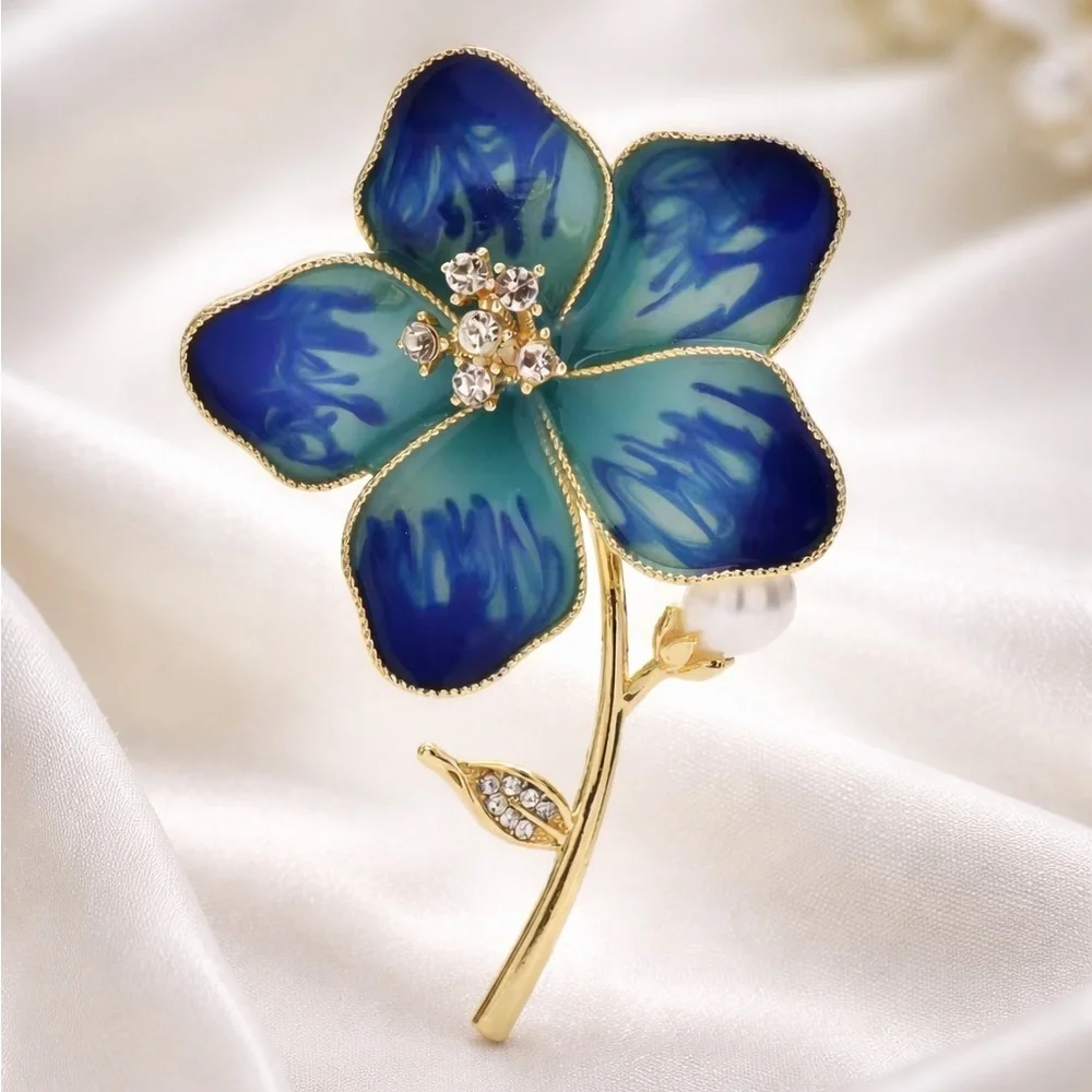 Blue Floral Blossom Gold Brooch